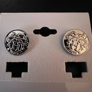 Hermès H Logo Stud Earrings Silver Tone Equestrian Crest Made in France